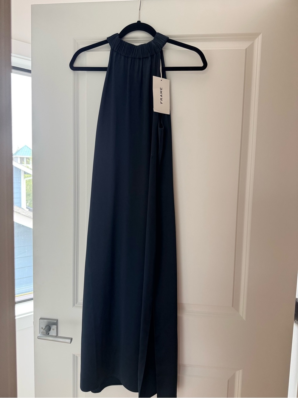 FRAME Navy Halter Maxi Dress with Side-slit Detail